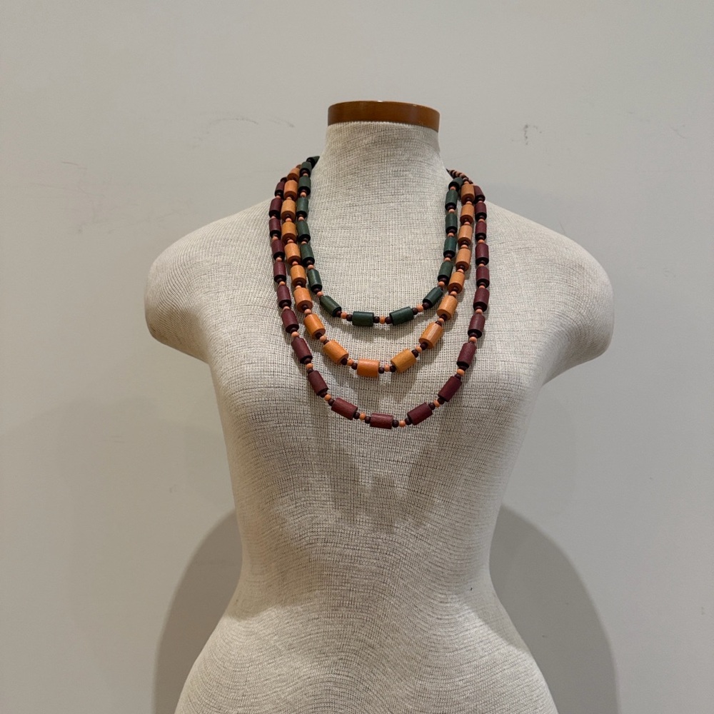 Handmade Wood  Beads Multi-strand Beaded Necklace in Green, Orange and Burgundy